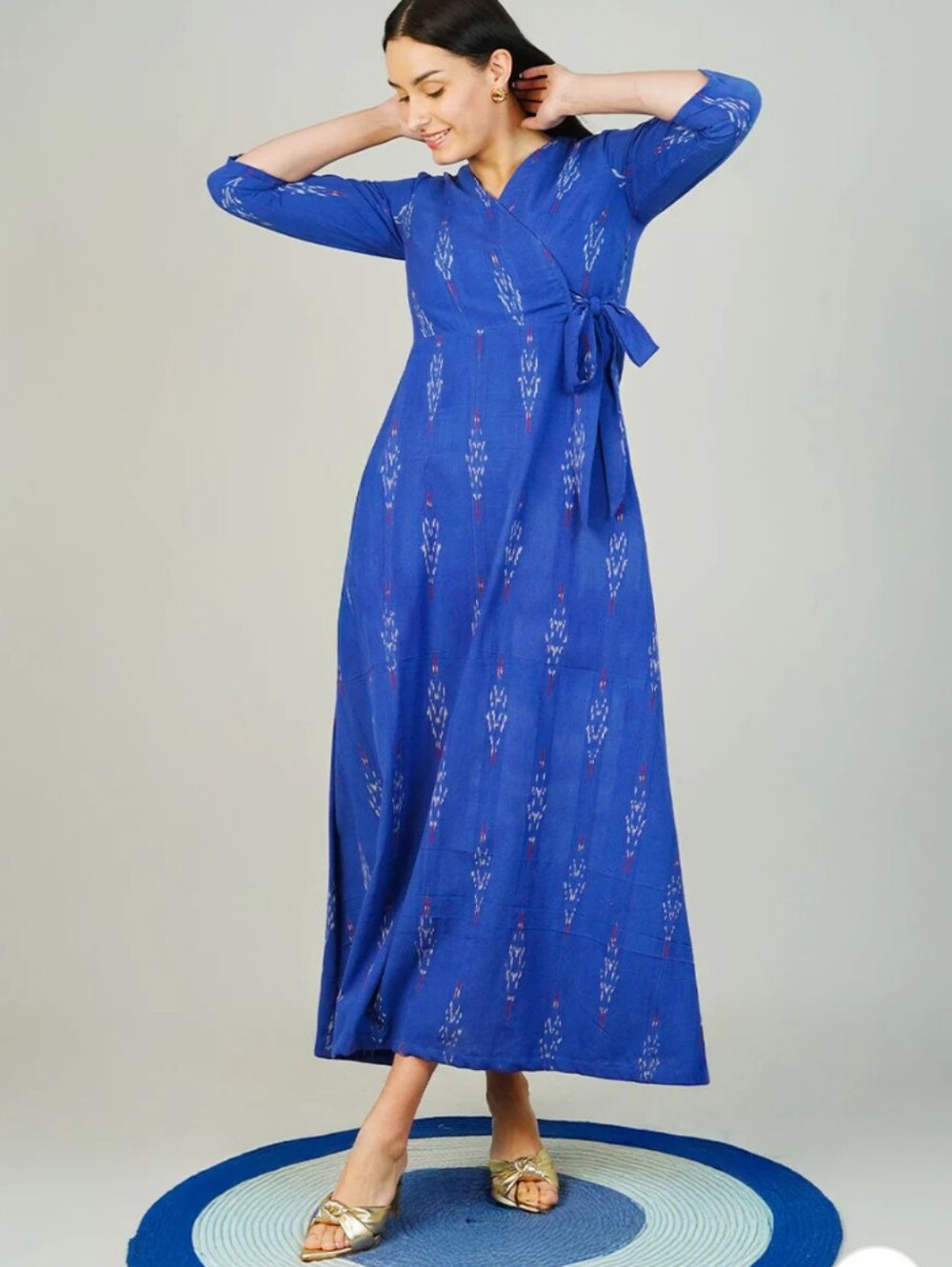 Women's Cotton Modest Teal Maxi Dress with Waist Tie, V Neck  3/4 Sleeve